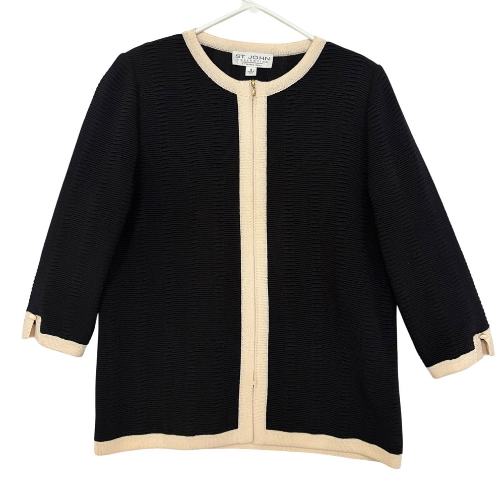 St. John Collection Marie Gray Black Cream Textured Knit Zip Jacket Size 16